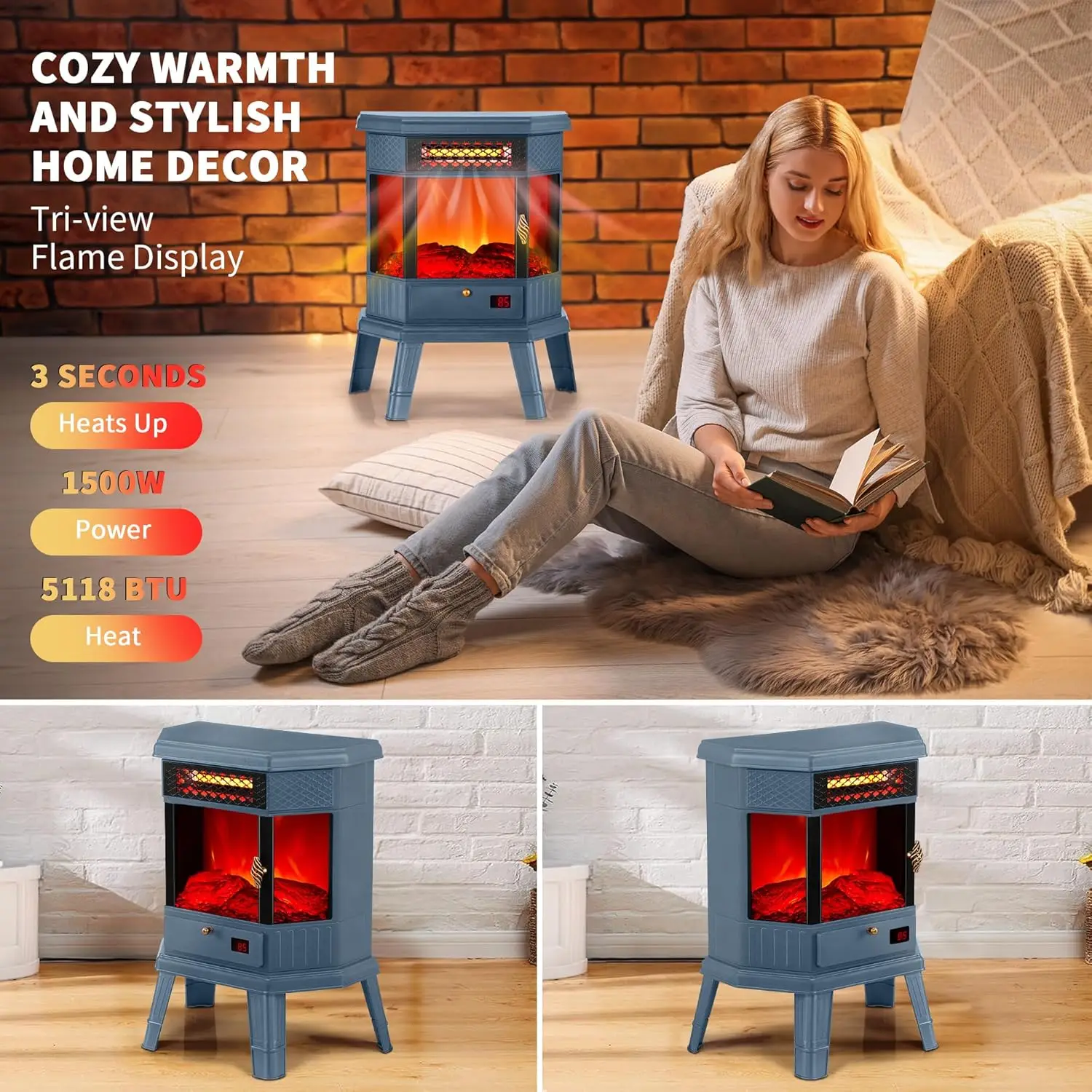 Electric Fireplace Heater 22 in Freestanding Fireplace Stove Infrared Fireplace with 3D Flame Effect Remoted Control,