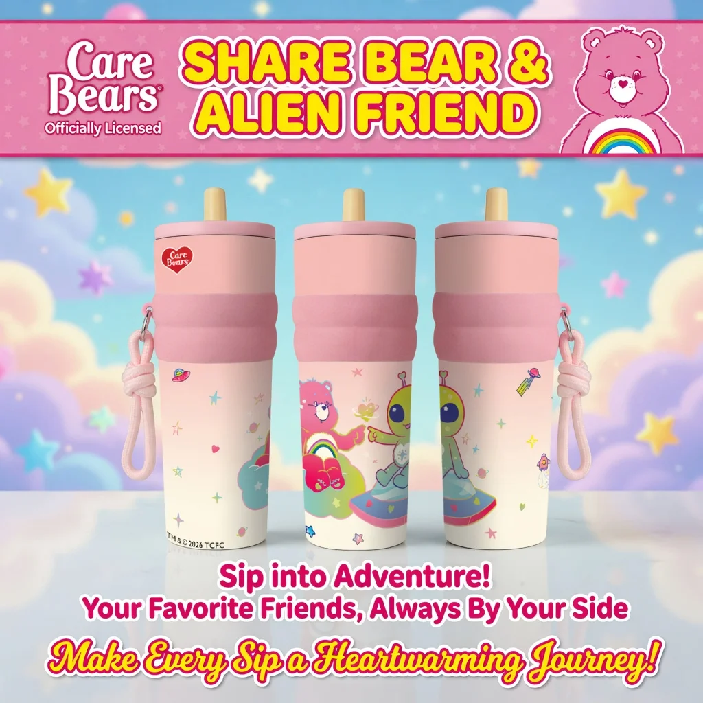 1pc 25oz Care Bears Space Alien Stainless Steel Tumbler Insulated Travel Mug with Straw Hanging Rope for School Sports Daily Use