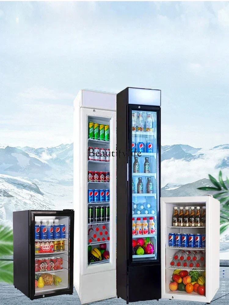 Refrigerated and fresh 105L commercial vertical ultra-narrow thin tea beverage display freezer