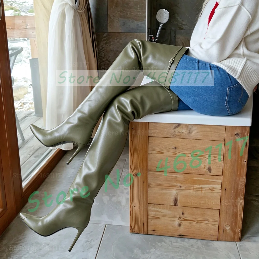Brown Leather Leggy Crotch High Boots Women Stylish Belt Buckle Pointy Toe Spliced Leather Boots Autumn Thin High Heel Shoes