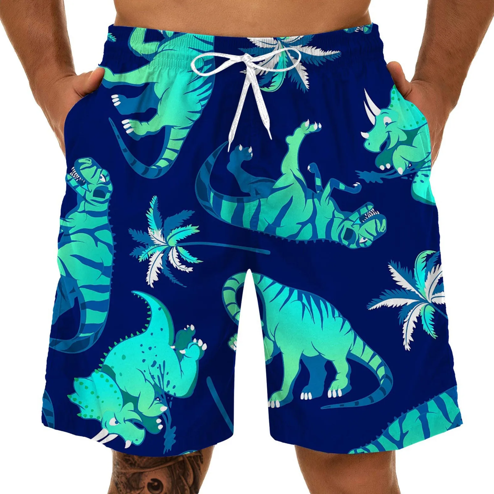 Men'S Swimming Trunks Trendy Cartoon Print Breeches Knee Shorts Hawaiian Drawstring Double Pocket Trunks Casual Beachwear