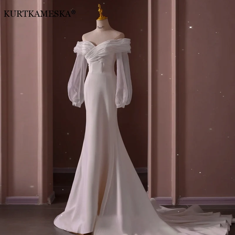 

Luxury White Satin Off Shoulder Long Sleeve Wedding Mermaid Trailing Dresses for Bride 2022 Women Elegant Long Party vestido