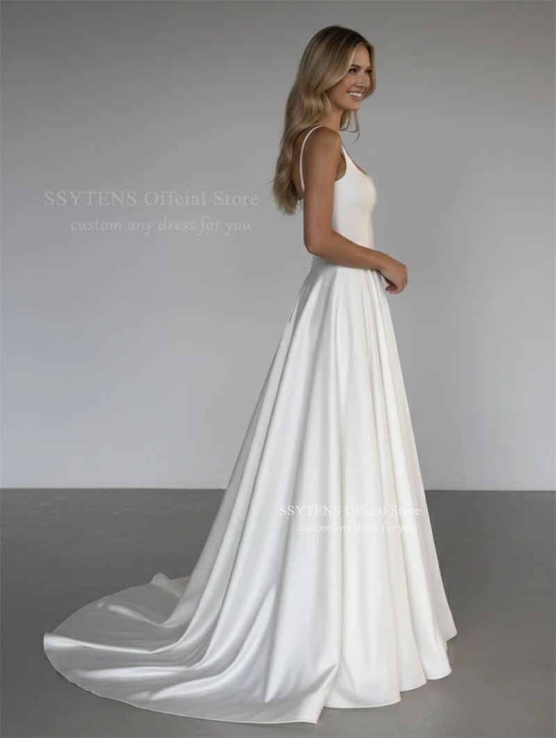 SSYTENS Elegant Simple Square Collar Wedding Dress for Women Satin A-Line Women Backless Bride Gown Customized Vestidos De Novia