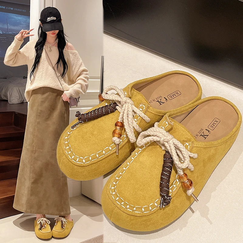 

Half-trousers for The Back of The Foot, Women's New Autumn Style Soft-soled Beaded Slippers, Fashionable Laced-up Back Slippers