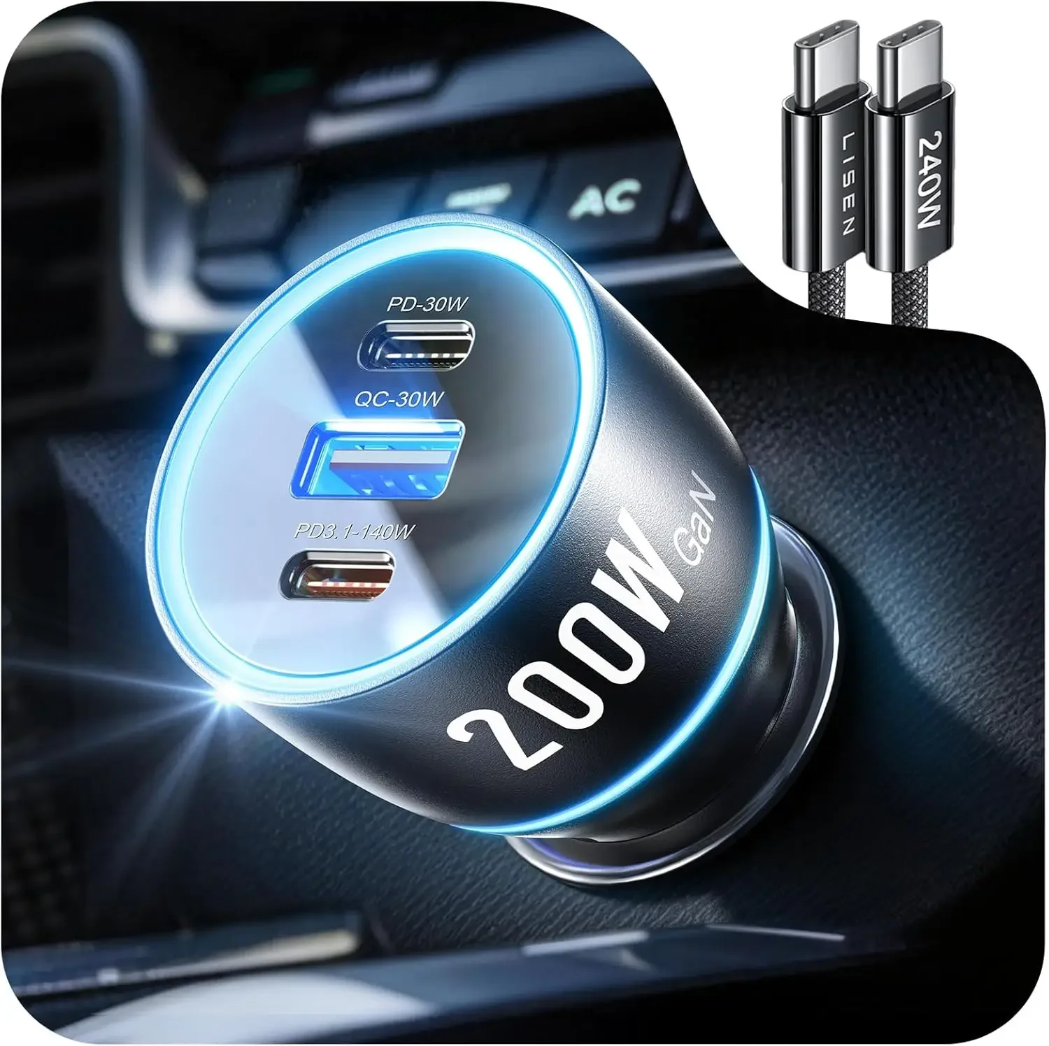 

200W Car Charger USB C Fast Charge GaN PD 140W Triple Port for iPhone MacBook iPad Samsung Laptop