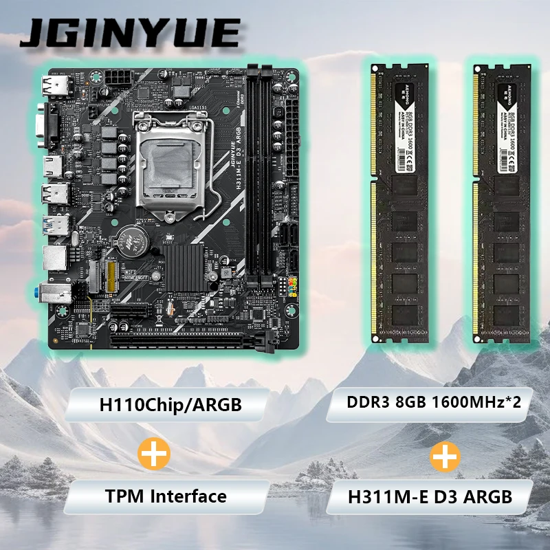 

JGINYUE H311M-E D3 ARGB Motherboard with 8GBx2 DDR3 1600MHz RAM Desktop PC Bundle Kit Low-budget office computer
