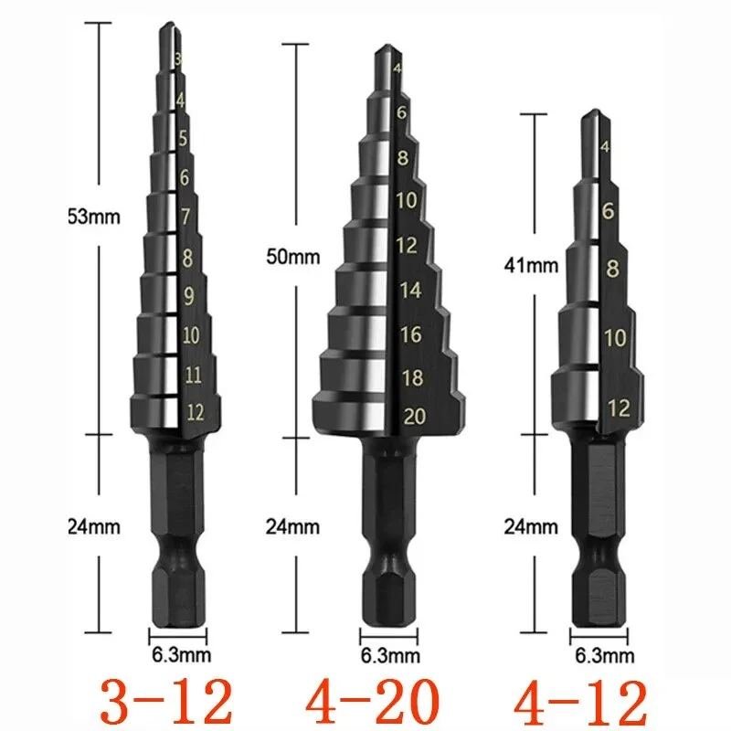 3pcs 4-20 mm 3-12 mm HSS Titanium Coated Step Drill Bit High Speed Steel Metal Wood Hole Cutter Cone Drilling Tool Black Drill A