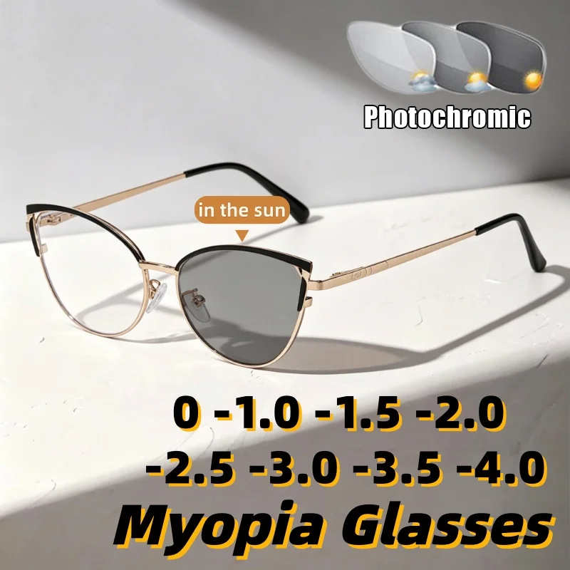 

2026 New Cat-Eye Photochromic Myopia Glasses Women's INS Style Retro Metal-Frame Anti-Blue Light Eyewear Diopter 0 To -4.0
