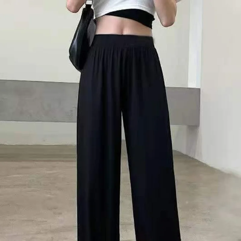 Korean Women Fashion Straight Sweatpants Spring Summer New Thin Ice Silk Versatile Black Elastic High Waiste Casual Trousers 3XL