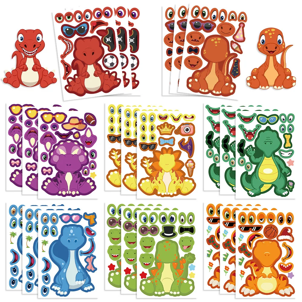 8/16/24Pcs Cute Children DIY Puzzle Sticker Dinosaur Animals Make A Face Funny Assemble Jigsaw Stickers Educational Toys