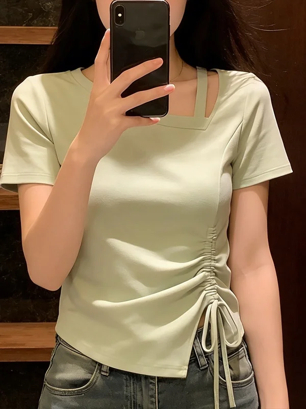 Summer New Design Large Size Hollow out Short Sleeve T-Shirt Women's Fashionable Drawstring Versatile Top Korean Style Commute