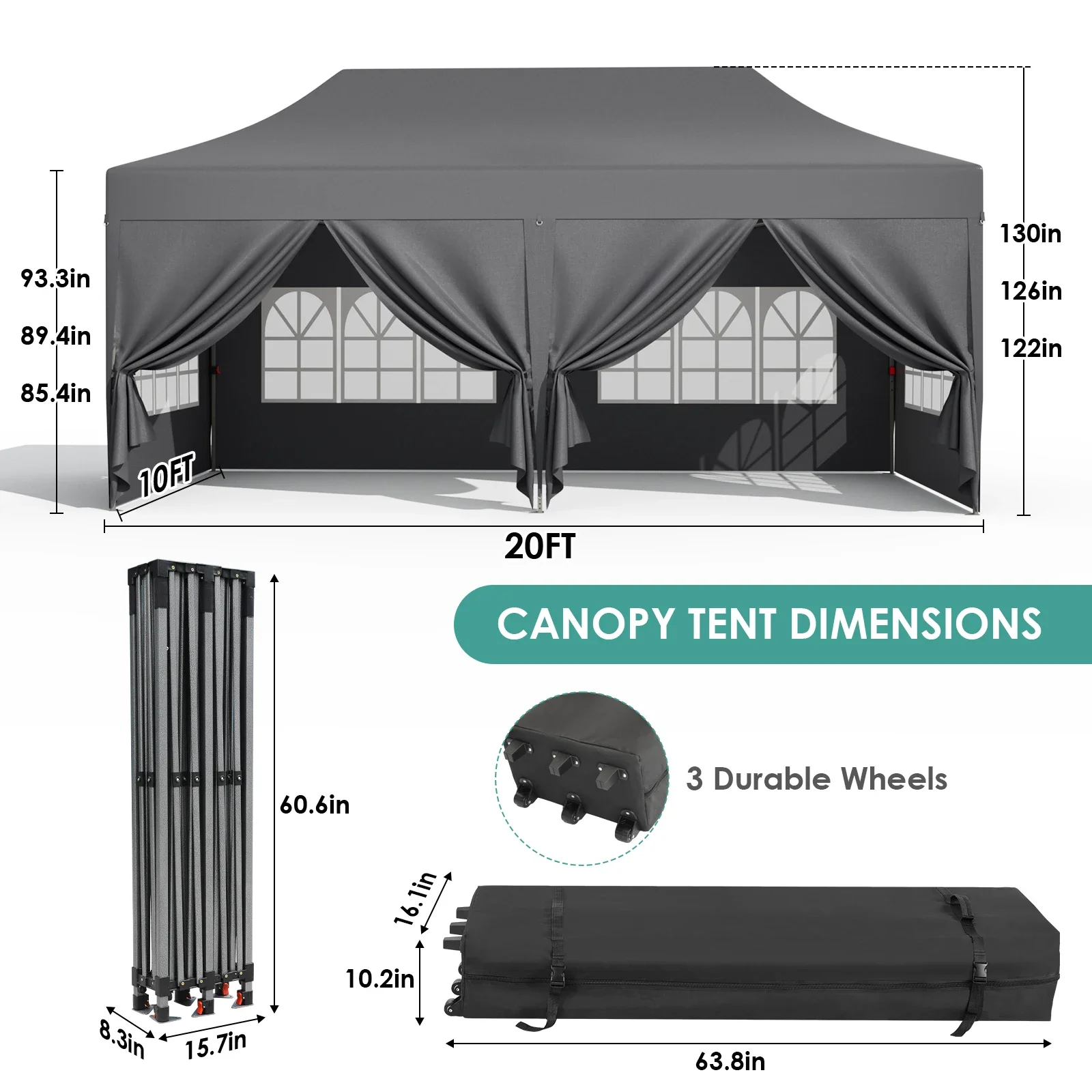 Pavilion Popup Gazebo 3x6m Waterproof Folding Gazebo Tent Party Tent with 4 Side Panels 6 Sandbag UV 50+ Height Adjustable 2-3M