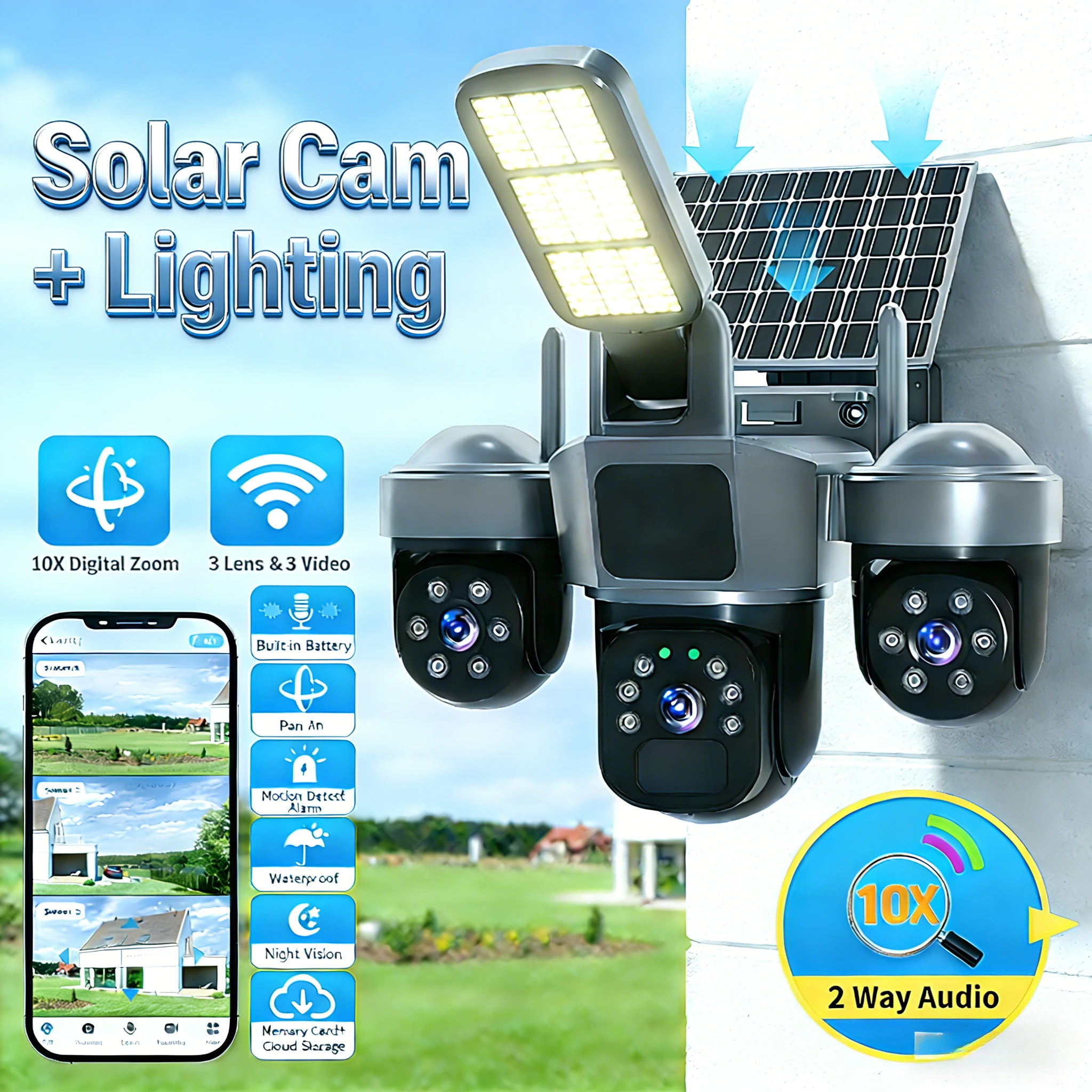 

360° WiFi Solar Camera CCTV Outdoor Human Detection WiFi Security Camera CCTV Solar Lighting Battery Surveillance PTZ