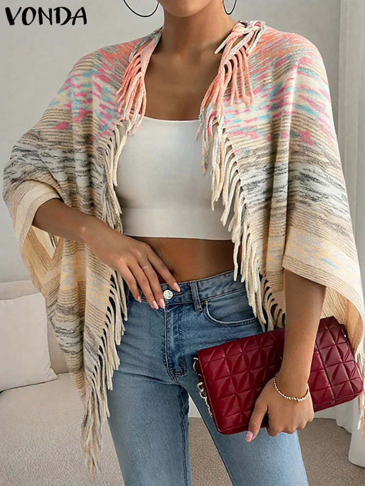 

Осенне-зимний свитер, вязаный кардиган с кисточками VONDA 2025, женские длинные джемперы с рукавами «летучая мышь», повседневный свободный вязаный кардиган