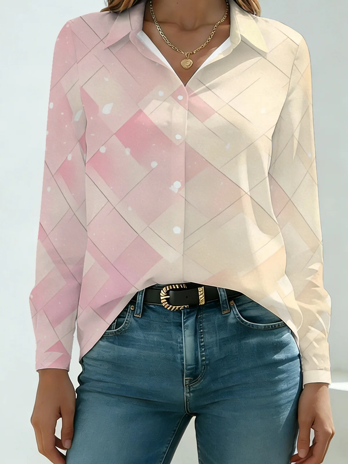 Elegant Gradient Geometric Pattern Womens Collared Shirt All Over Diamond Line Print Long Sleeve Dating Travel Top
