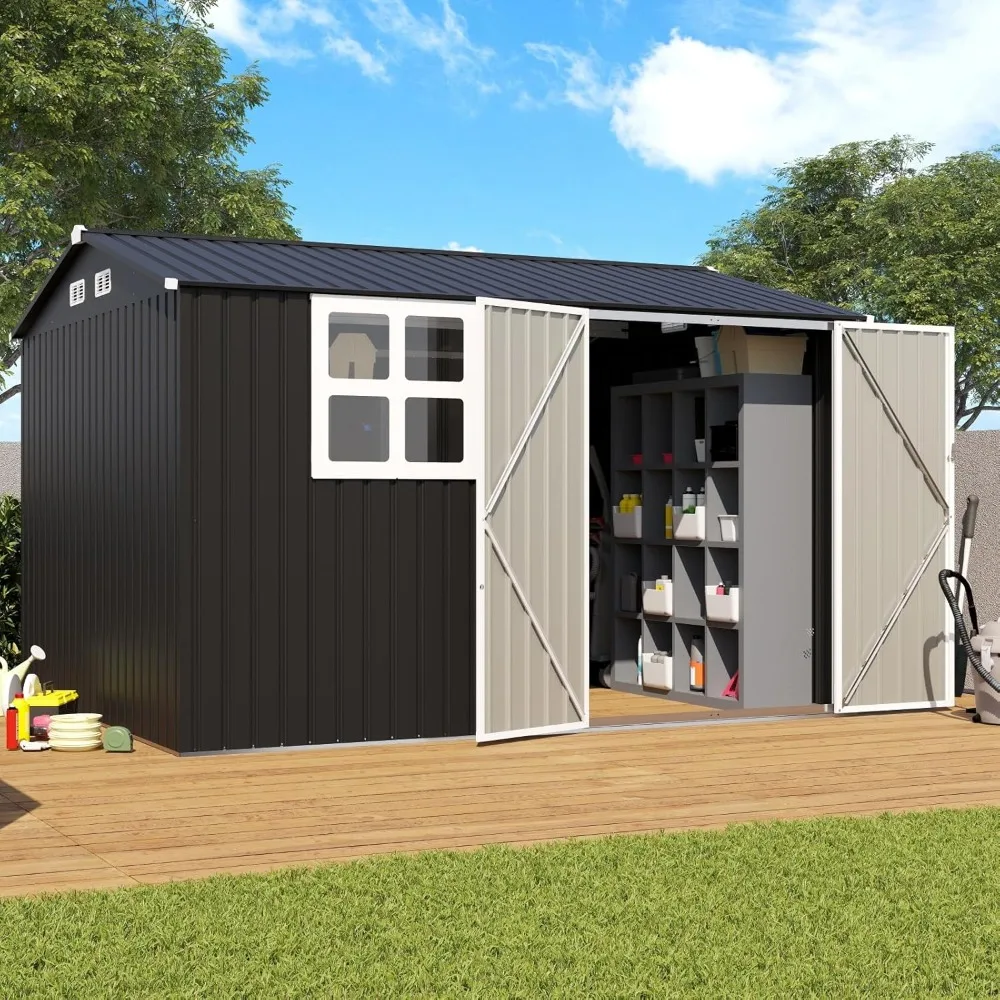 

Сарай для хранения на открытом воздухе 10x8 футов, большой садовый садовый сарай из оцинкованной стали с окном, запираемая двойная дверь, уличная футболка