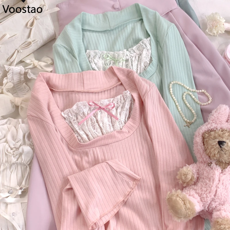 Pink Japanese Sweet Lolita Style T-Shirt Women Y2k Lace Ruffles Bow Kawaii Slim Tops Female Korean Chic Long Sleeve Casual Tees