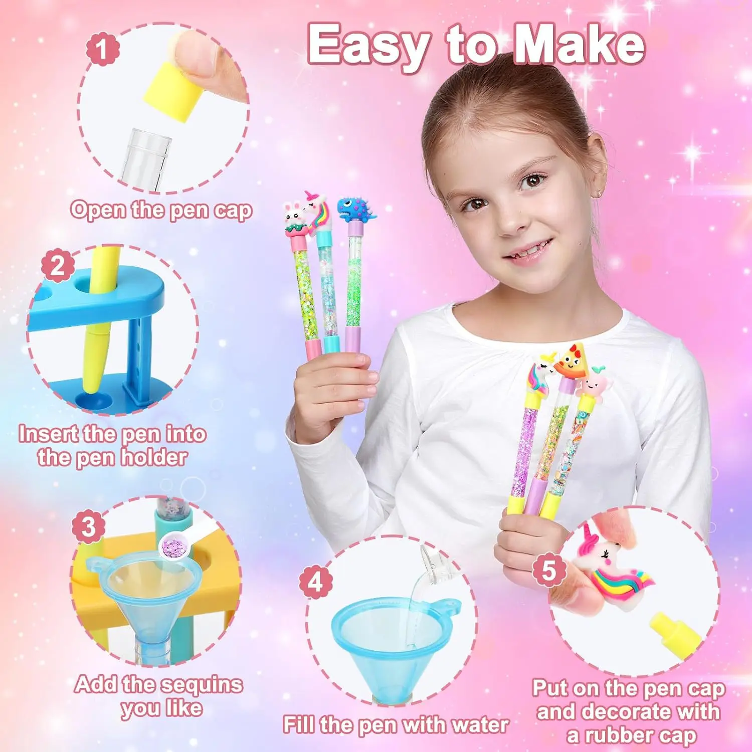 DIY 글리터 펜 만들기 키트 어린이 공예 용품 80+개 수제 미술 세트 16개 펜 만드기 만화 장식 생일 선물 소녀용