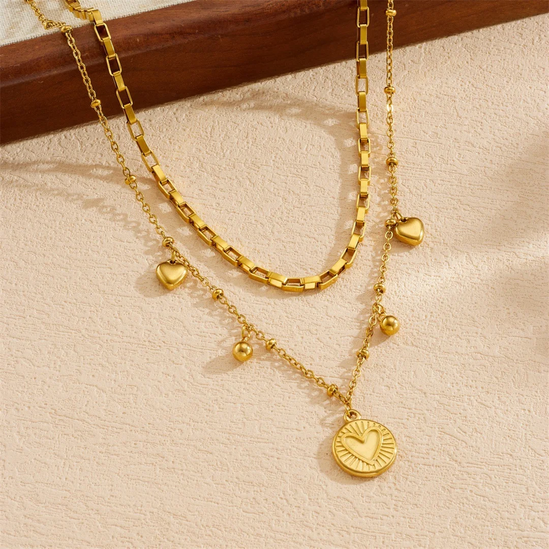 Vintage Love Heart Charm Pendant Female Gold Color Stainless Steel Double Layers Bead Chain Link Necklace for Women Jewelry Gift