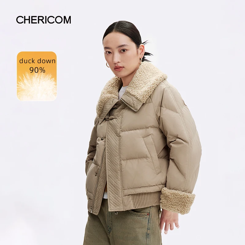 Chericom Short Lapel Lamb Wool Splicing Women's Clothing Winter Down Jacket Warm Comfortable Fashion Office Women's Coats 299129