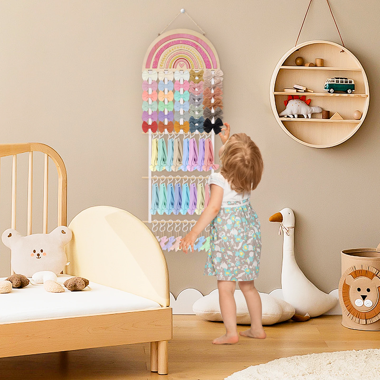 Деревянный Радужный органайзер для аксессуаров для волос с 30 крючками, настенная подвесная повязка на голову, стеллаж для детской комнаты, комнаты для маленьких девочек
