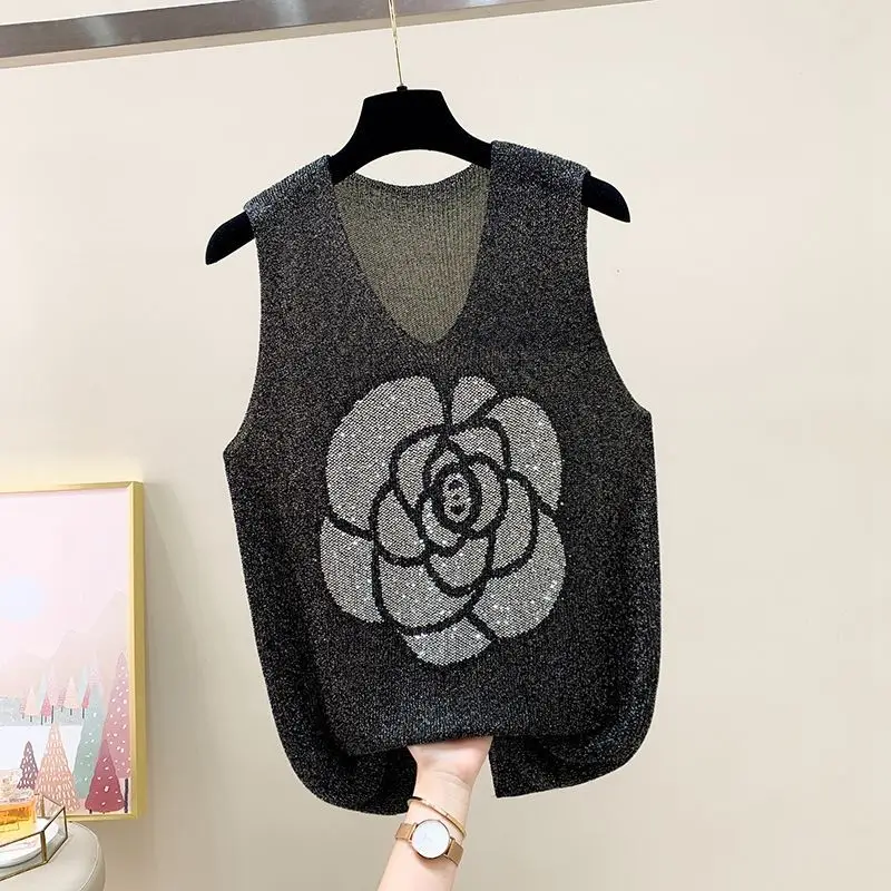 Minimalist Commute Summer New Women V-neck Printed Diamonds Loose Sleeveless Ice Silk Knitted Sweater Tank Camisole T-shirt Tops