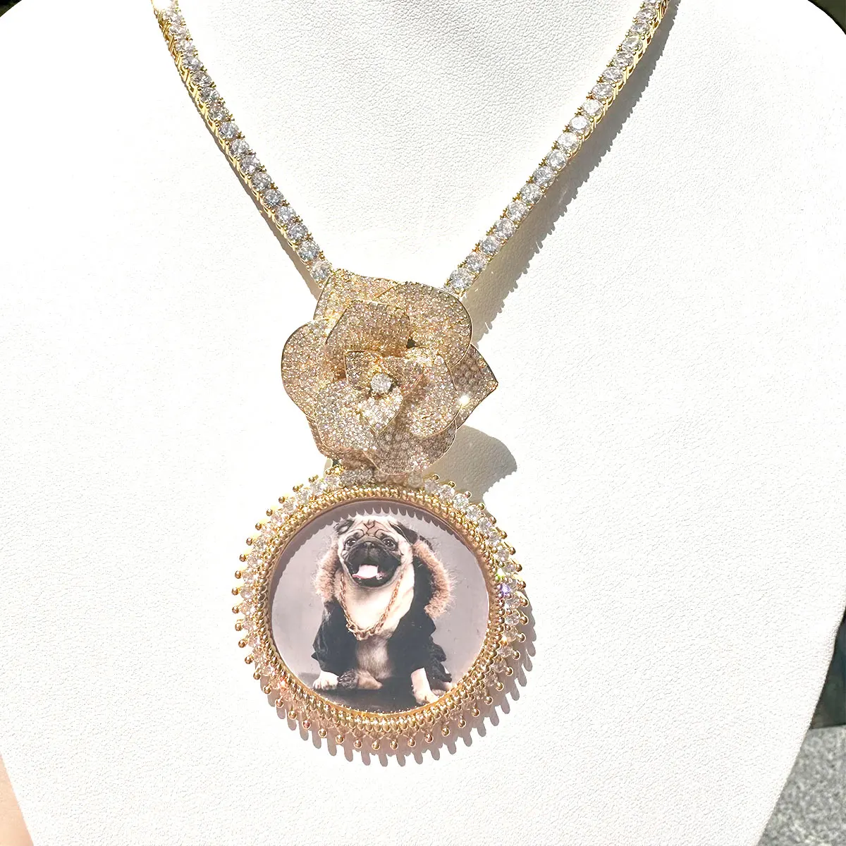 Custom Photo Necklace for Women Personalized Picture Pendant Rose Flower Bail Iced Out Charm Hip Hop Jewelry