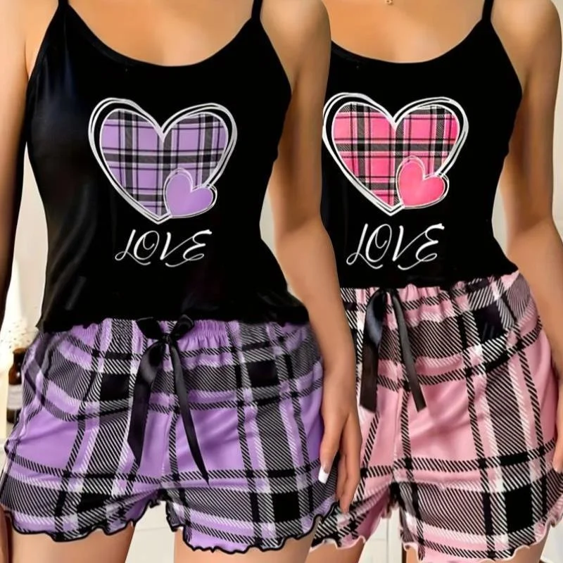 

Новинка 2025, трансграничная женская клетчатая повседневная ночная рубашка с рюшами и принтом сердца, повседневный женский клетчатый комплект с рюшами и принтом