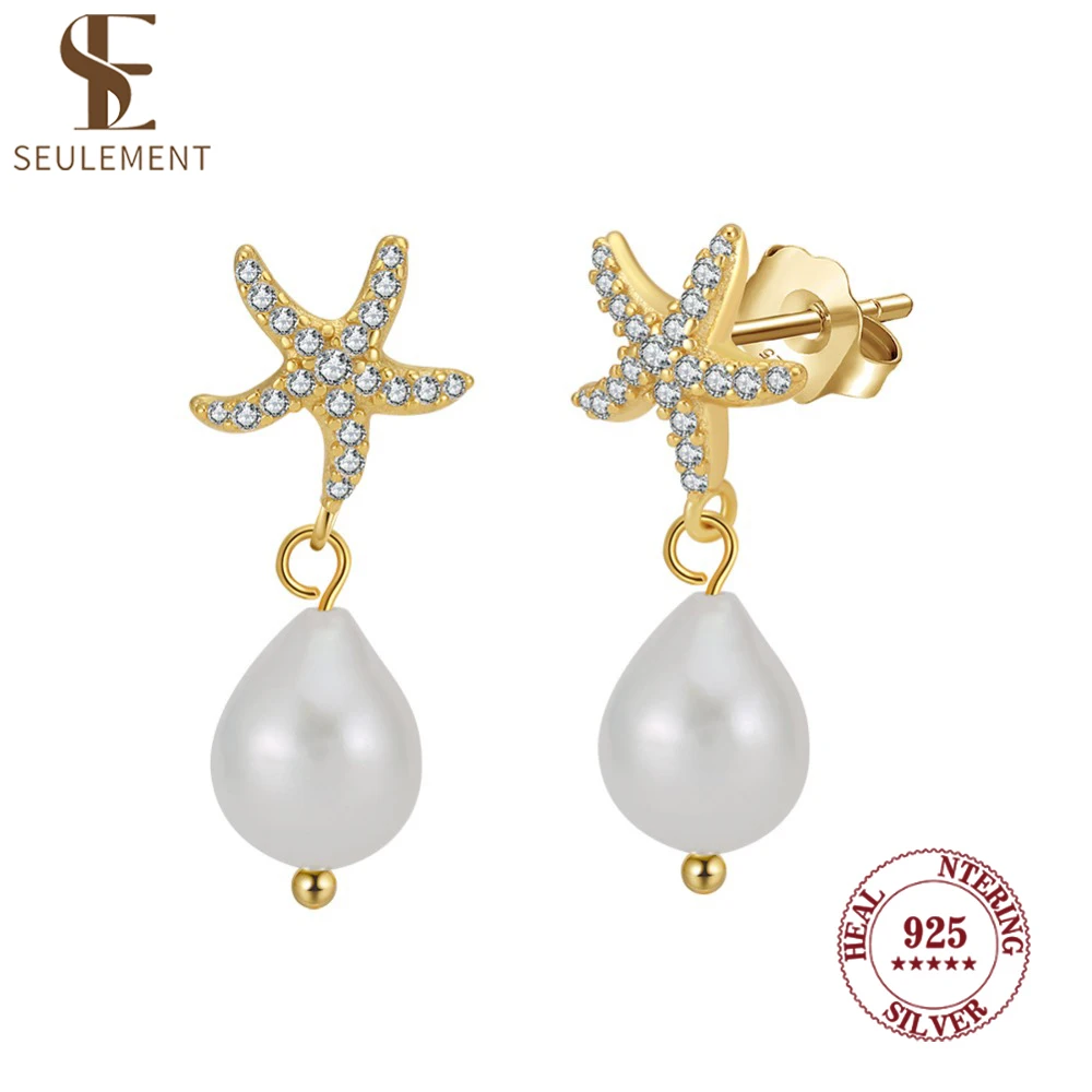 

Seulement Freshwater Natural Baroque Pearl Earrings for Women Starfish 925 Sterling Silver Drop Earing Girls Ear Accessories