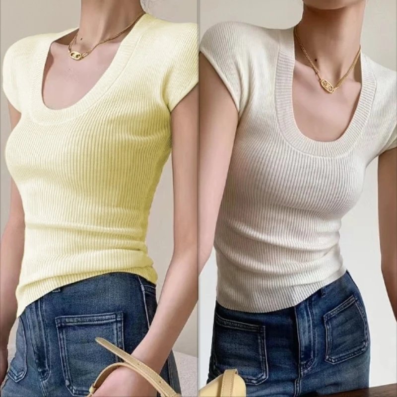 U-neck Knitted T-shirt Women Pure Color Sexy Fit Short Sleeve Bottoming Top