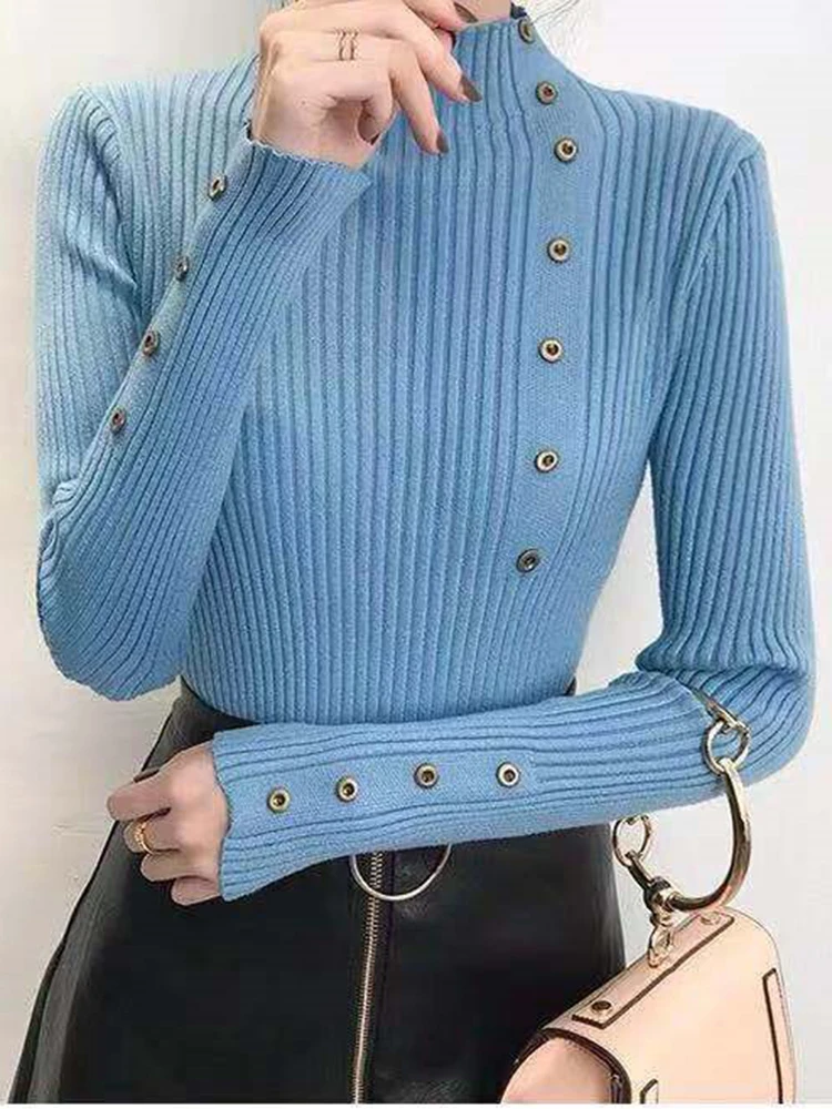 2024 Women Autumn Knitted Slim Sweaters Solid Knitted Female Cotton Soft Elastic Color Pullovers Button Full Sleeve Turtleneck