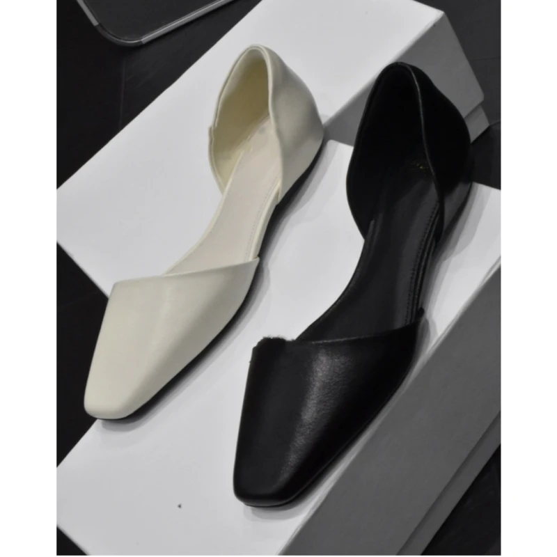 25 year new high-end European and American niche genuine leather women's slanted square toe flat bottomed hollow fashion shoes - Image 5