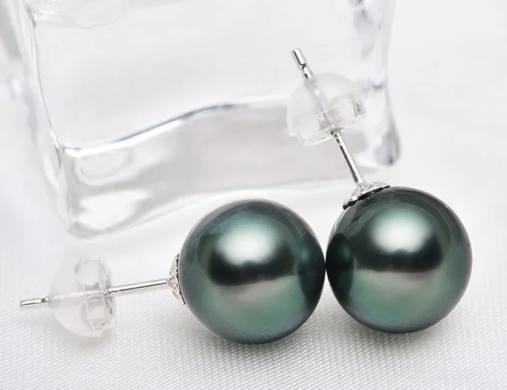 Pair of 11-12mm Genuine Black Green Round Pearl Stud Earrings for Women Simple Wedding Party Jewelry Accessories Dangle ,hook