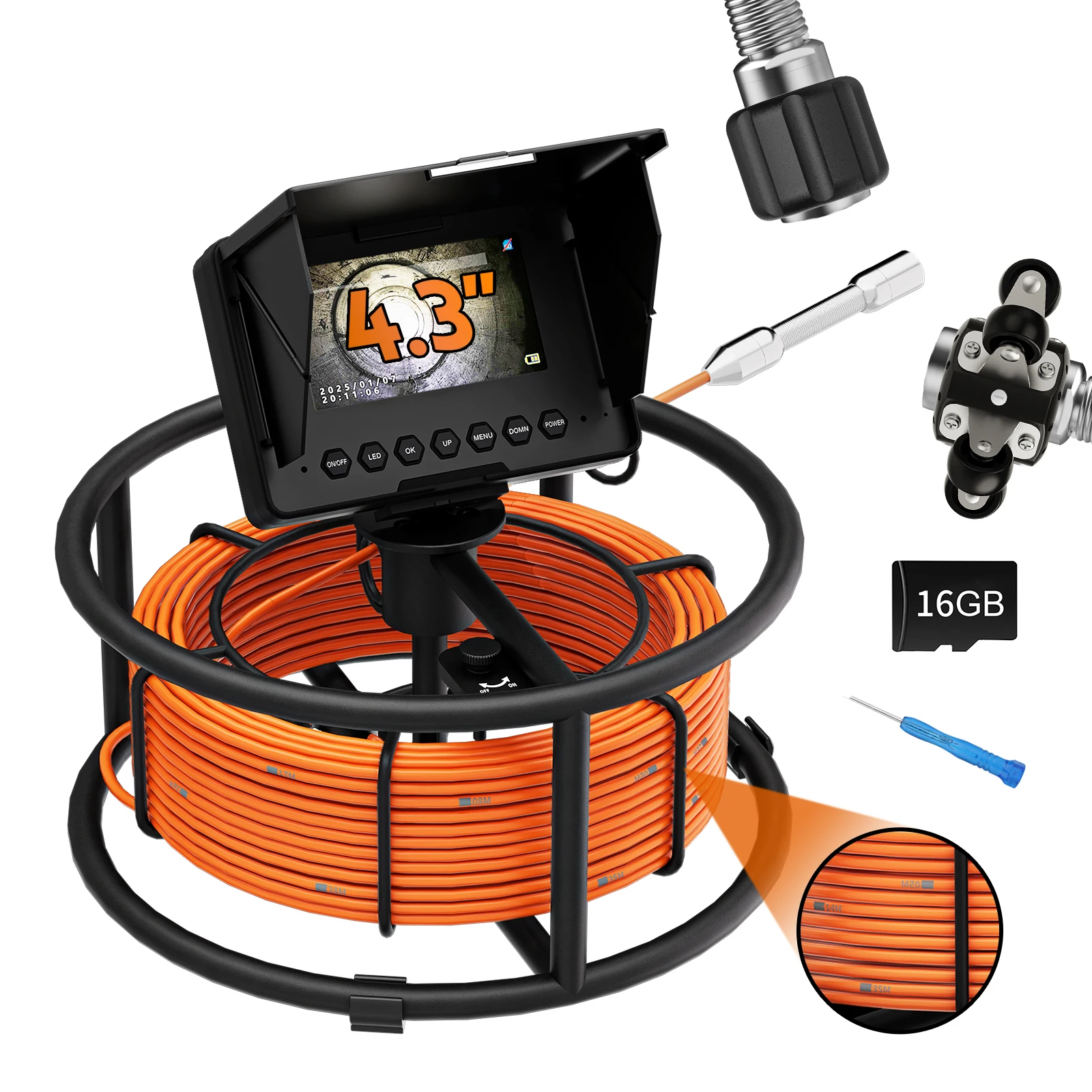 

Камера для осмотра канализационных труб с аккумулятором 8500 мАч, монитором 4,3 дюйма, картой памяти 16 ГБ, DVR, IP68, промышленный эндоскоп для дренажных и канализационных труб