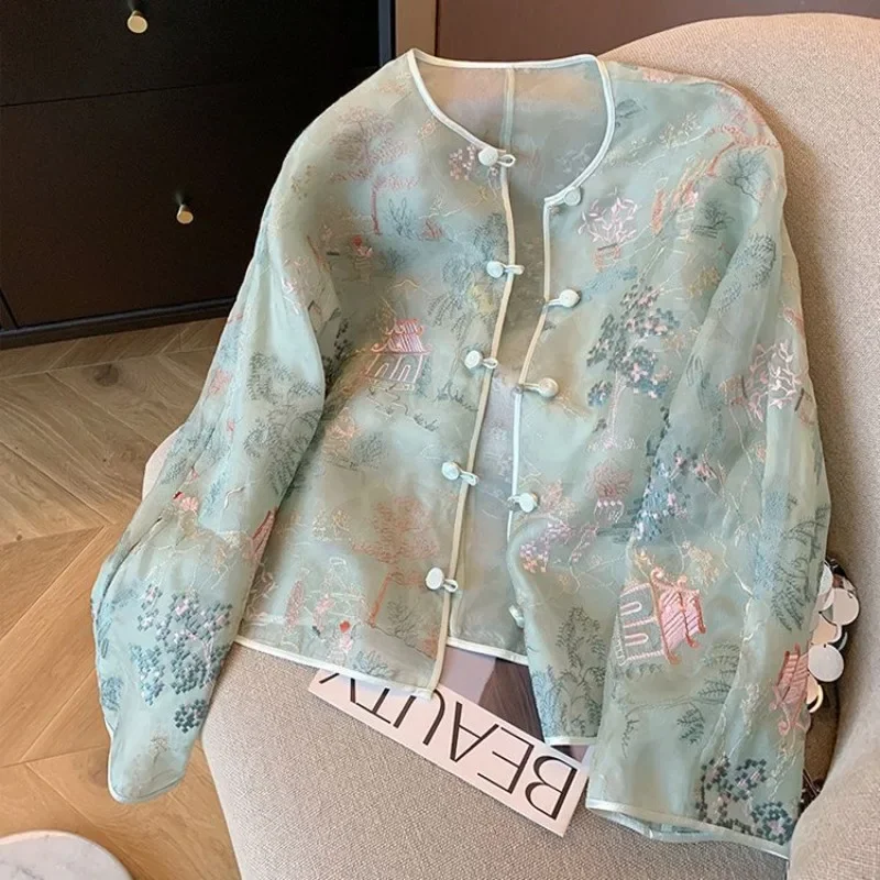 Spring Summer New Chinese Lace Embroidery Coat Women Qipao Tops High Quality Loose Elegant Long Sleeves Thin Tang Outerwear J304