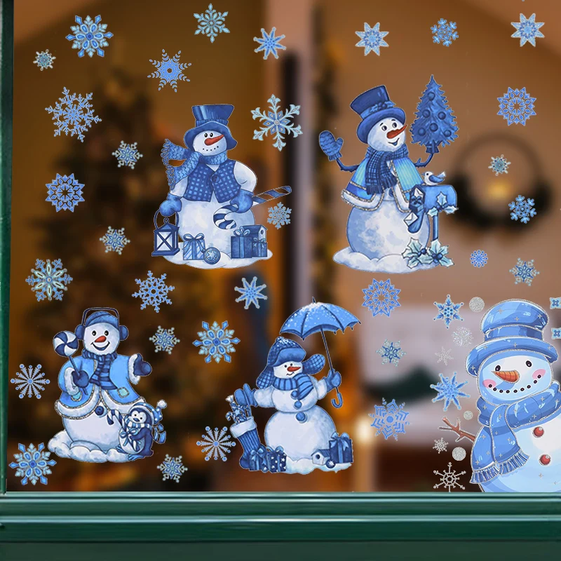 

9pcs Christmas Wall Stickers Blue Santa Claus Snowman Snowflake Glass Window Sticker Christmas Decor New Year Navidad 2025 Gift