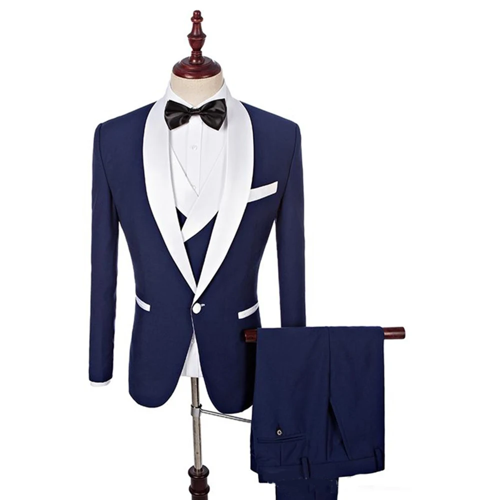 

Men's Wedding Suit Groomsmen White Shawl Lapel Groom Tuxedo Formal Business 3 Pieces (Jacket+Pants+Vest) Costume Homme