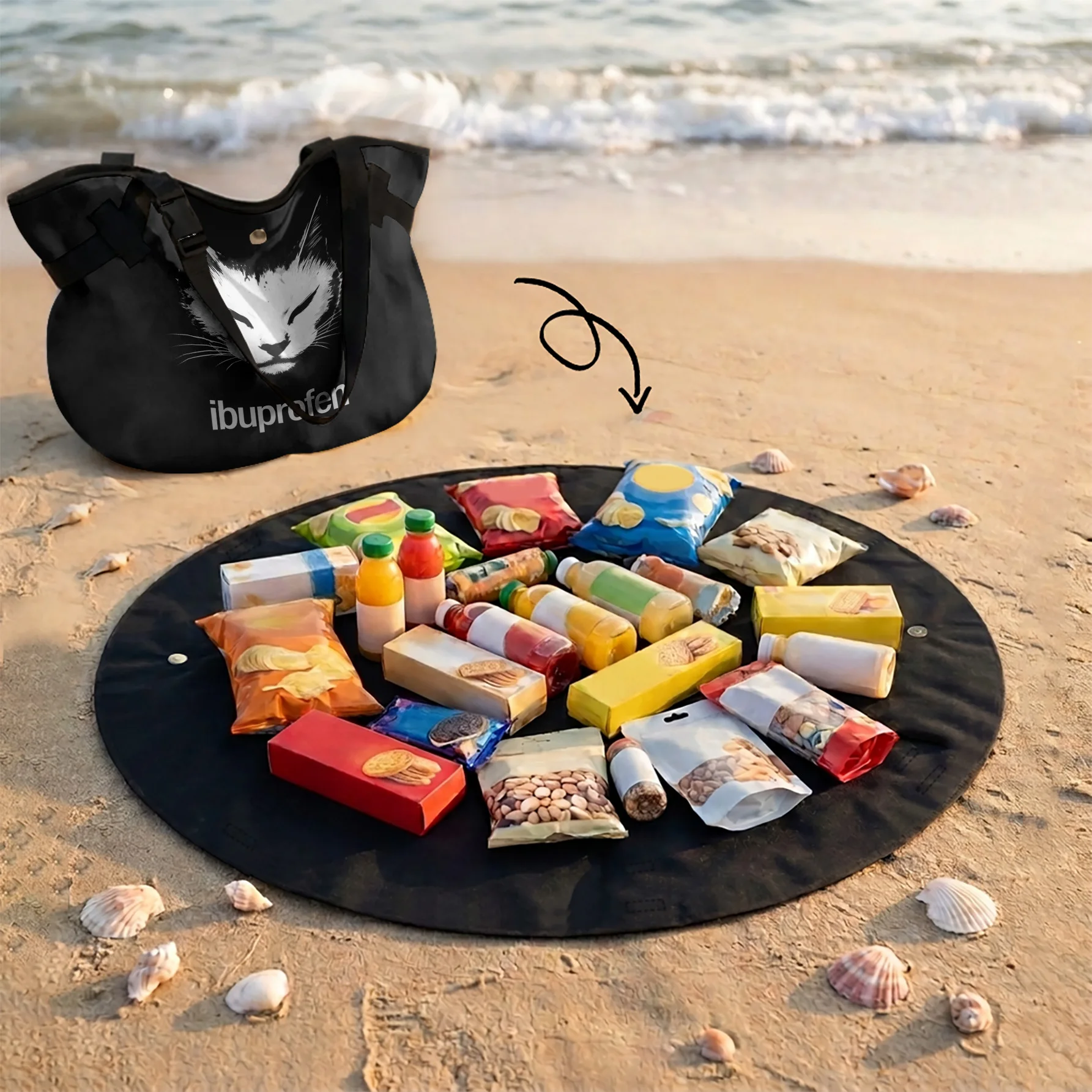 Ibuprofen White Cat Print 2 In 1 Tote Bag & Picnic Mat, Waterproof Foldable Mat For Camping Beach Travel