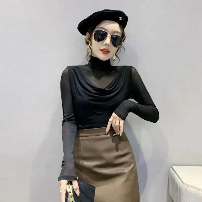 Turtleneck Mesh See-through T-shirts Women Slim Stretchy Long Sleeve Chic Elegant Sexy Tops Autumn Chic European Style Stylish image 5