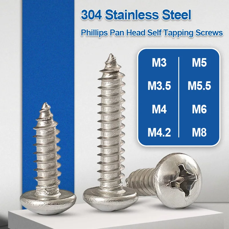M3 M3.5 M4 M4.2 M5 M5.5 M6 M8 Phillips Pan Head Self Tapping Screws PA304 Stainless Steel Full Thread Wood Furniture Fasteners