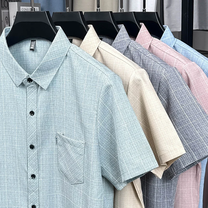 Lightweight Cotton Linen Short Sleeve Shirt Men's Business Casual Plaid Shirt Real Pocket Large Size Shirt Summer Season