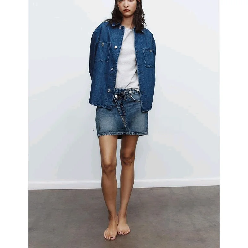 Spring New Arrival Women's Casual Denim  Skirt mid Waist A-Line ort Skirt Vintage Sle Pure Color Polyester Fiber