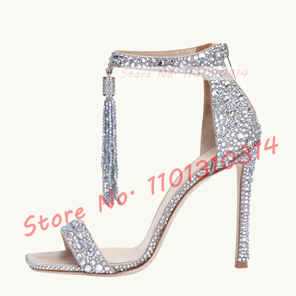 Sparkly Crystal Tassels High Heels Sandals Women Luxury Open Square Toe Pearl Suede Shoes Summer Party Studded Fringes Sandals