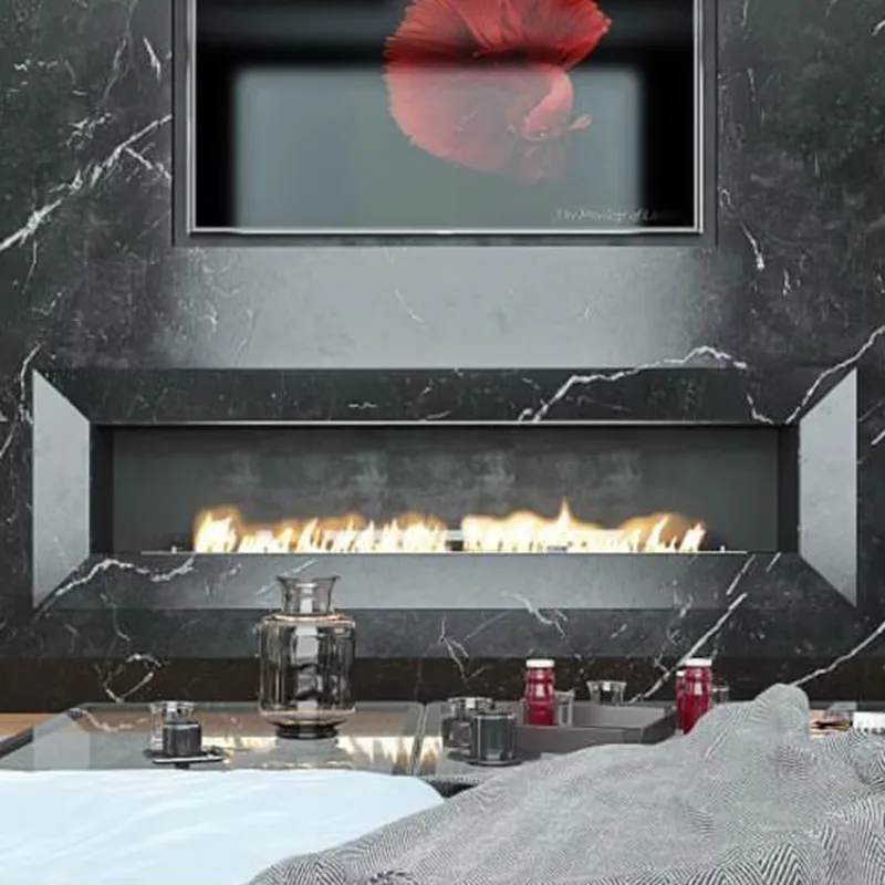 Deluxe Moderner Bio-Kamin für den Innenbereich mit Fernbedienung, linearer Brenner aus Ized-Stahl, Ethanol-Einsatz, Installationstyp