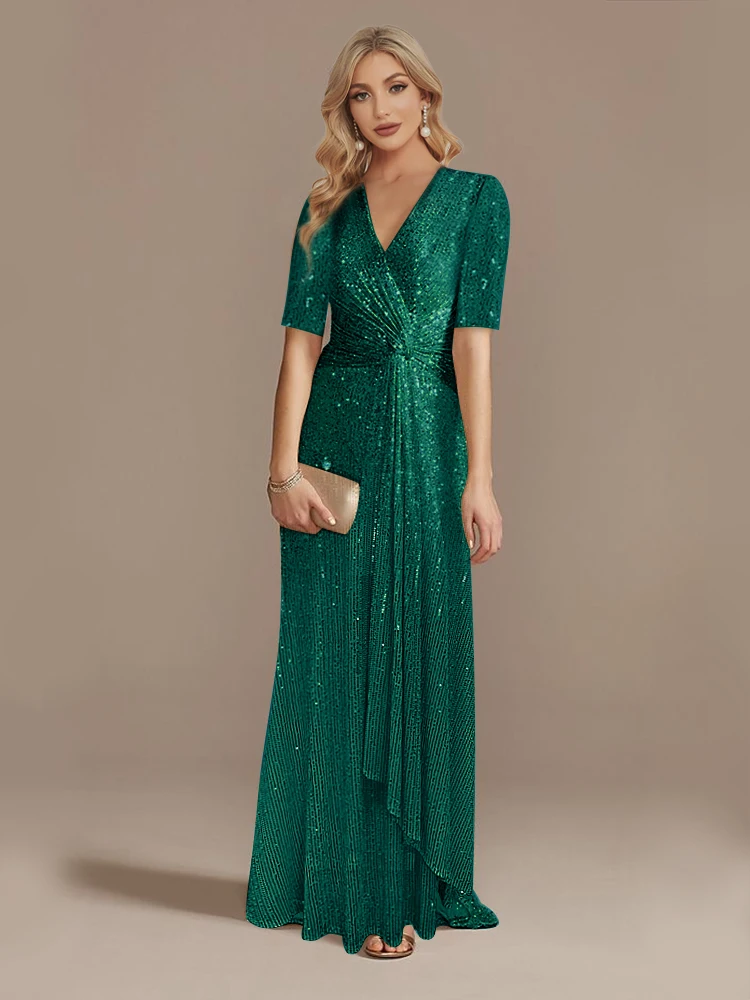 

Luxury Green Floor Length V-Neck Evening Dresses Women Elegant Party Maxi Sequins Short Sleeves Prom Cocktail Gowns