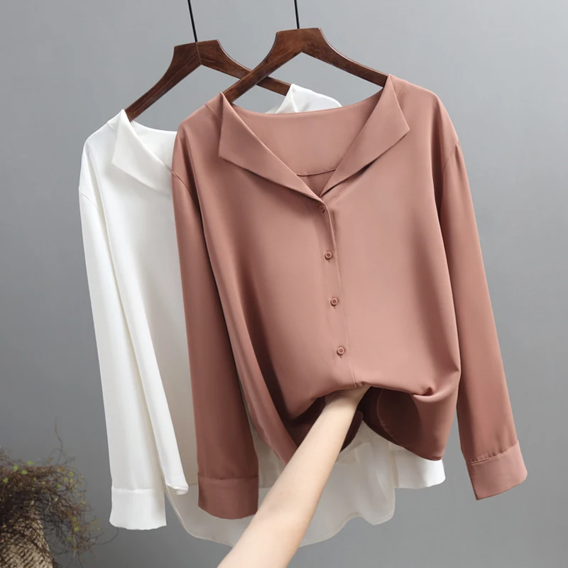 

Monochrome Chiffon Blouse for Women, Office Lady, V-Neck, Button, Loose, Casual, Female Shirts, Outwear Tops, New, Autumn