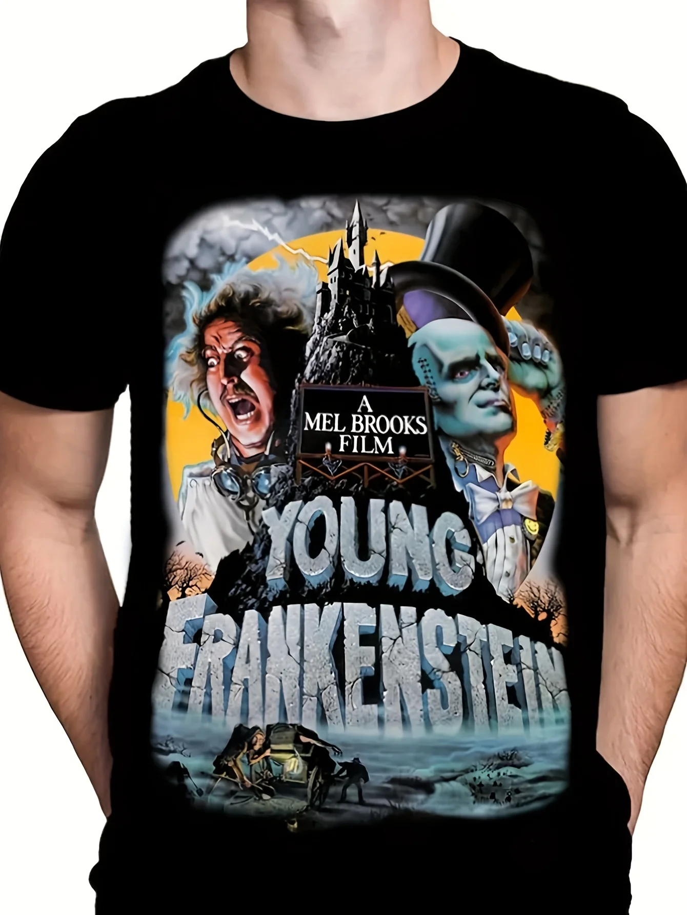 

Movie Art Young Frankenstein Black Cotton Men's T-Shirt With Oversized Horror Image Comedy Cult Film Gene Wilder