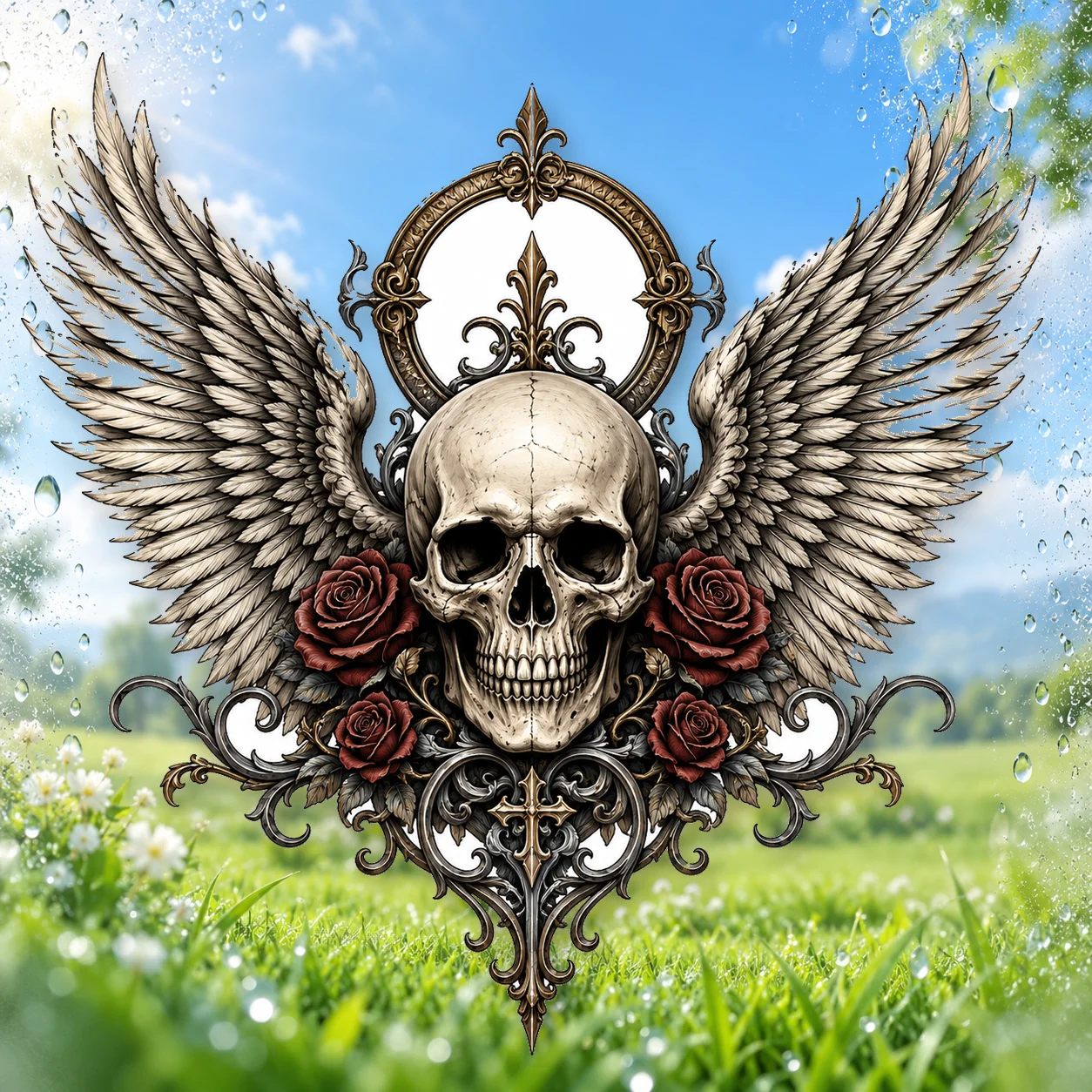 Winged Skull Rose Car Decal, Waterproof Sun Resistant Printed Vinyl Decorative Sticker for Car Windows and Body Panels