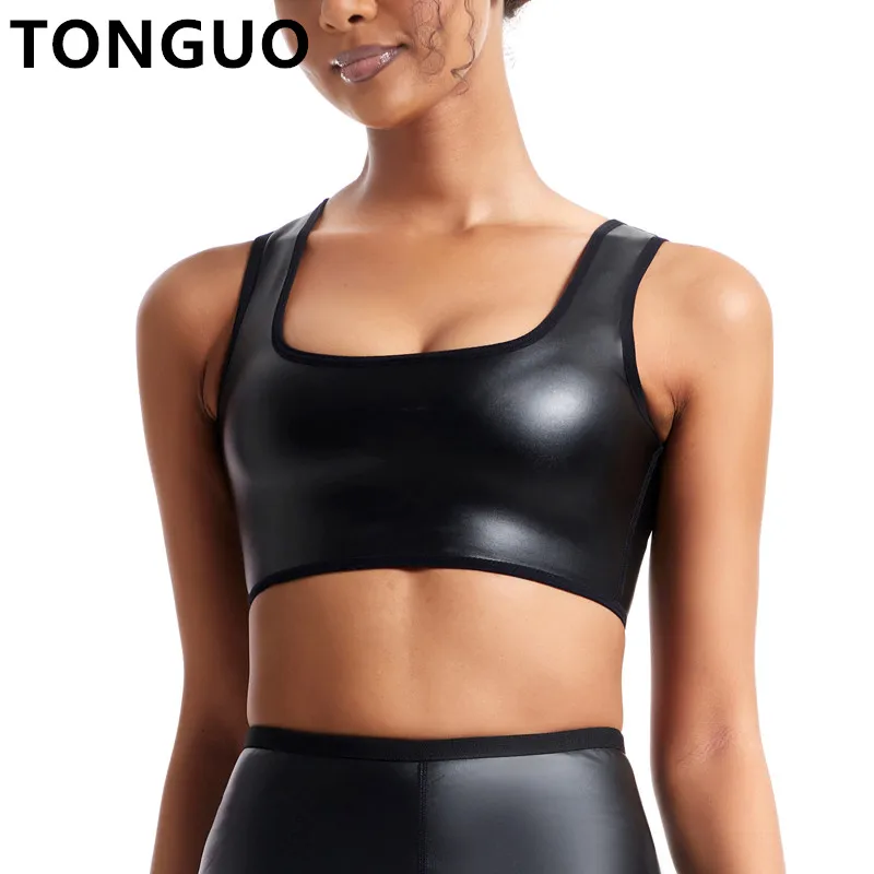 Women Faux Leather Sexy Bra U Neck Solid Sleeveless Camisole Crop Tank Top Waist Trainer Body Shaper Slim Shirt Sports Shapewear