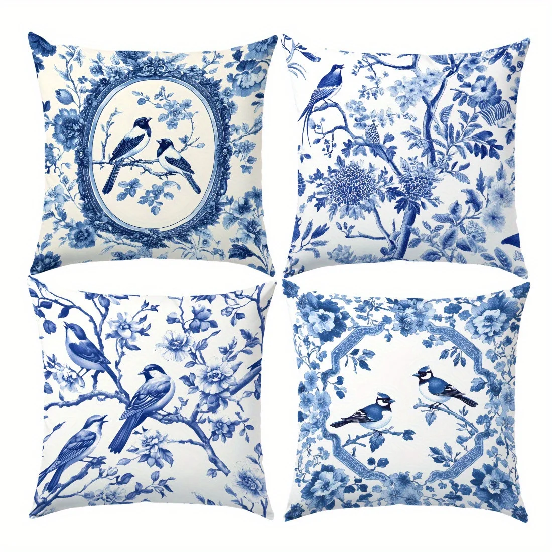 4Pcs Double‑Sided Blue‑and‑White Porcelain Style Pillow Covers, Floral Bird Pattern Square Cushion Cases for Living Room Bedroom